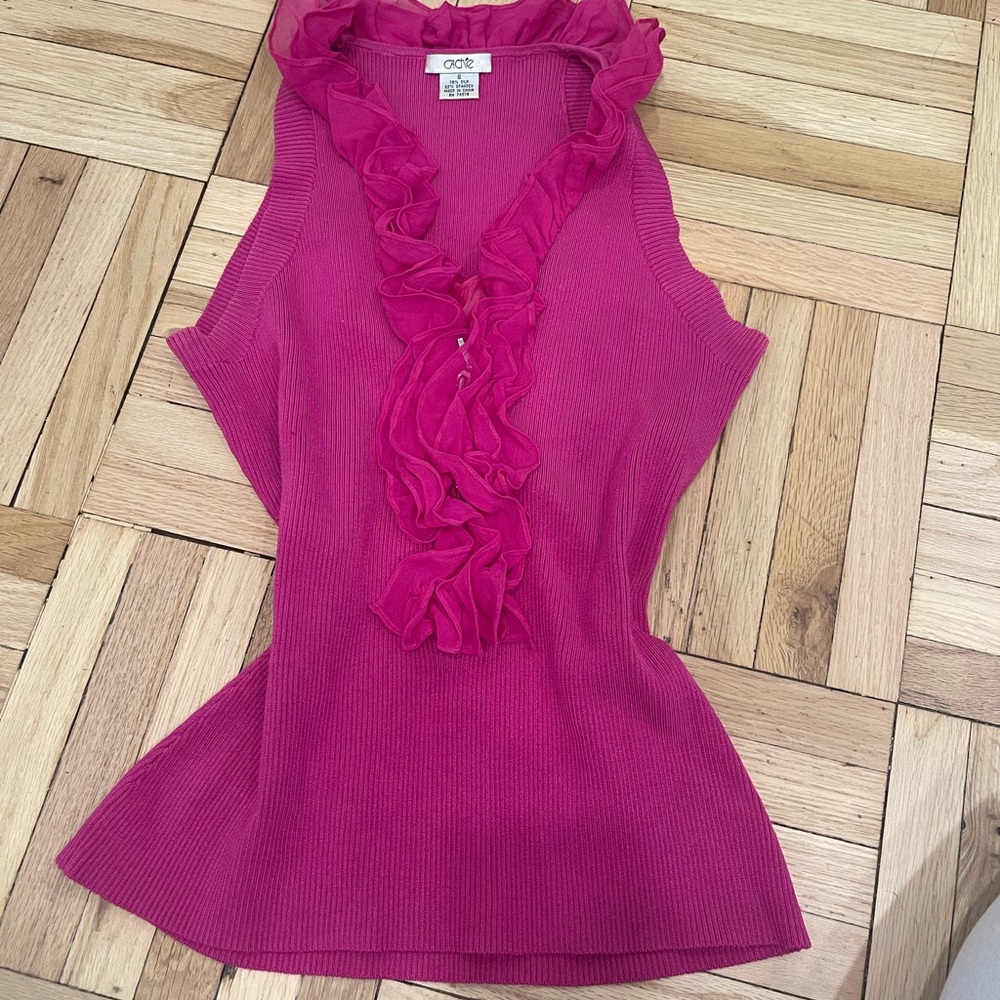Cache Pink Ruffled Fitted Blouse